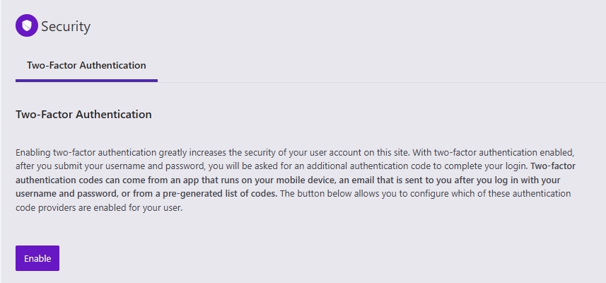 Enabling 2FA for your WordPress profile.