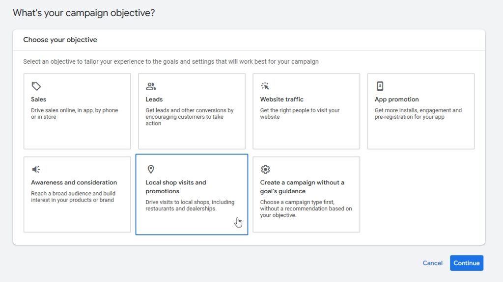 Select 'Local shop visits and promotions' from the campaign objectives.